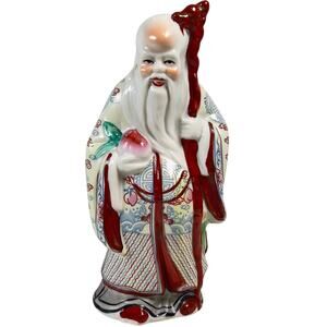 Chinese Famille Rose Porcelain Shou Lao Statue Shou Xing God Of Longevity 6.5”